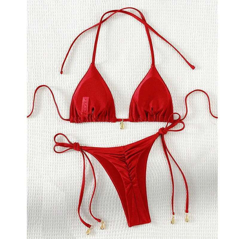 2 Pcs/Set Bikini Sexy Bikinis Bathing Suit Solid Color Halter Neck Strap Thong Women Swimsuit Set for Beach Swimwear