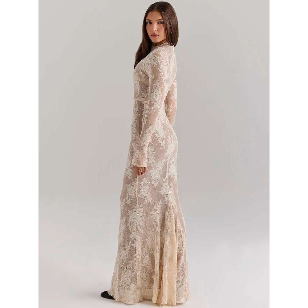 Mozision Lace Print Sleeve Sexy Maxi For Women White Zipper Half High Collar Bodycon Fashion Elegant Long Dress