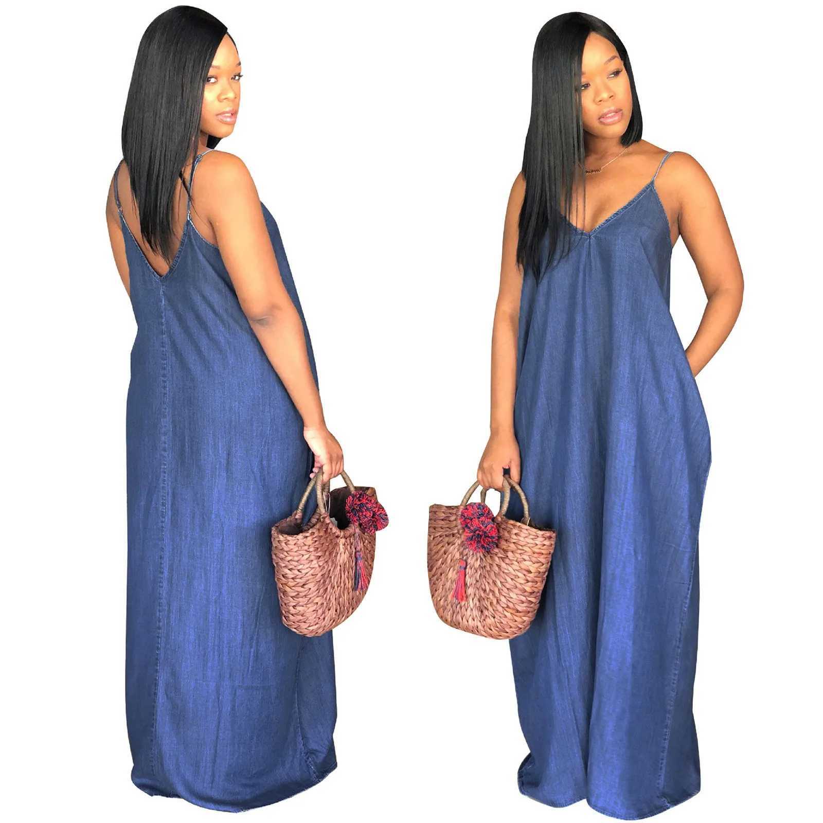 Oversized Dress Women Sleeveless Loose Long Suspenders Dresses Sexy V Neck Casual Denim Style Plus-Size Women Dresses Y2kXJ250514