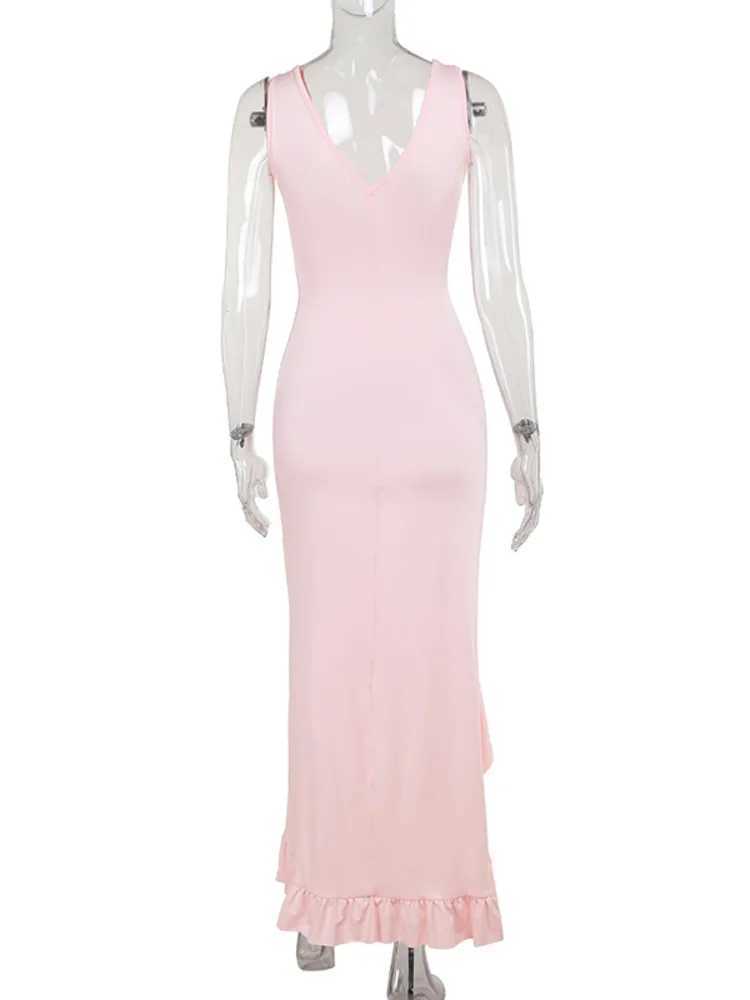 Mozision Elegant Sleeveless Ruffles Sexy Long Dress For Women Summer New Deep V Neck Backless Thigh High Split Maxi DressXJ250514