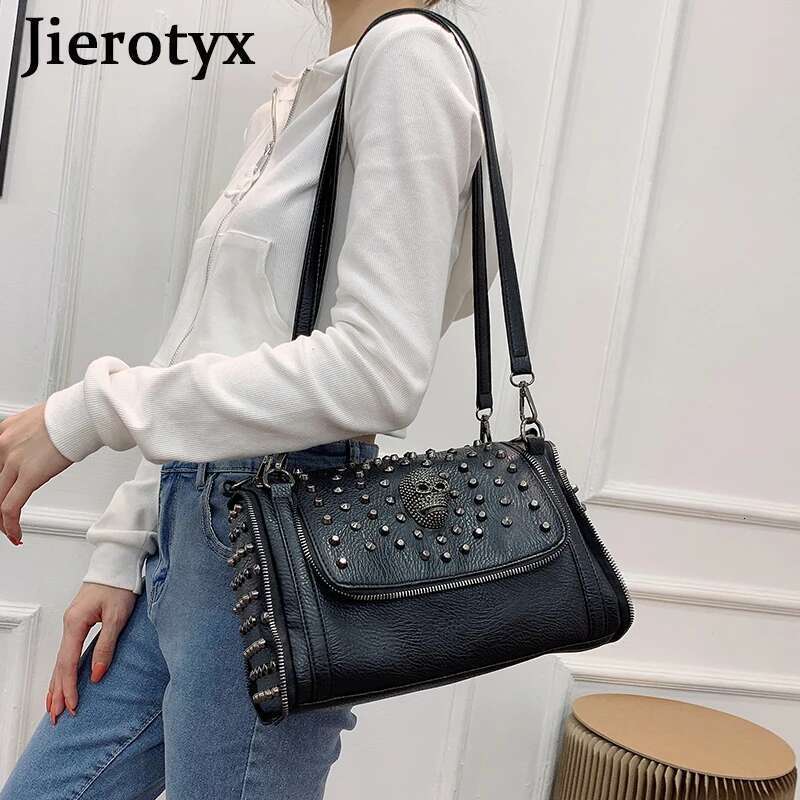 JIEROTYX Sexy Rivet Shoulder Female Designer Punk Skull Gothic Style Womens Handbags Large Capacity Messenger Bags