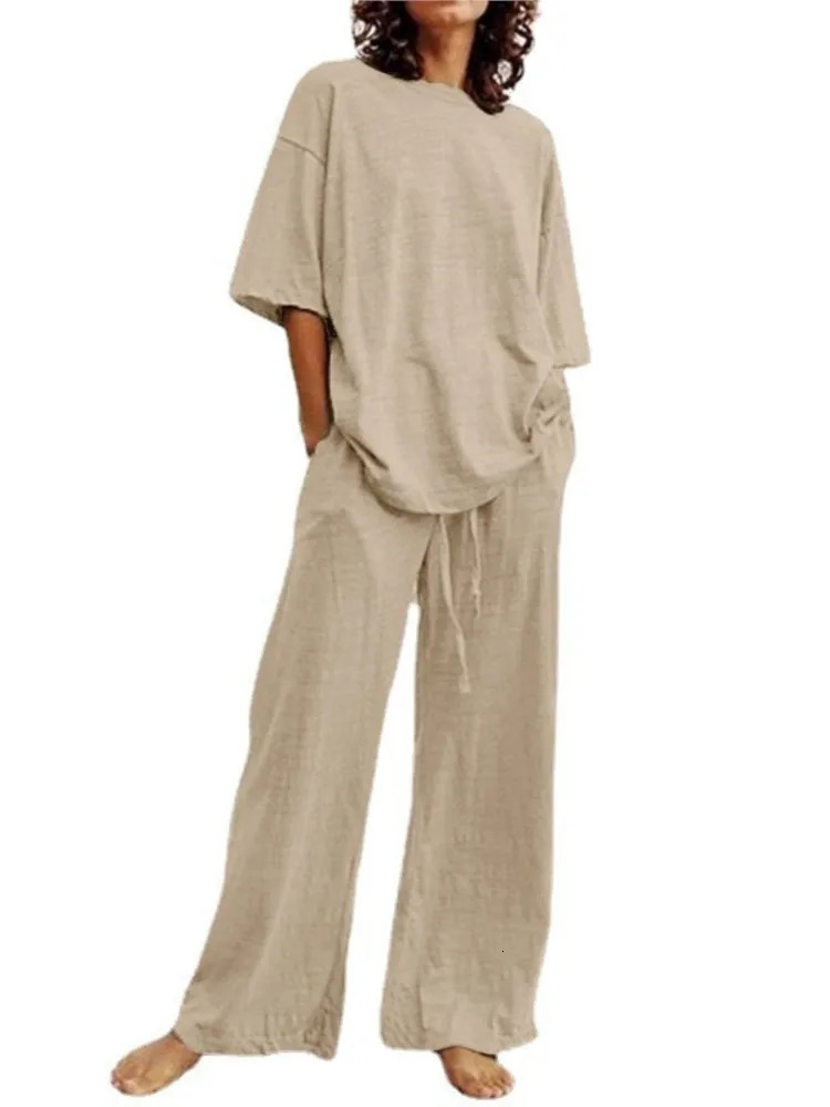 Summer Fashion Womens Two Piece Casual Belt Pocket Set Half Sleeve O-Neck Top And Strap Wide Leg Pants Set 250513