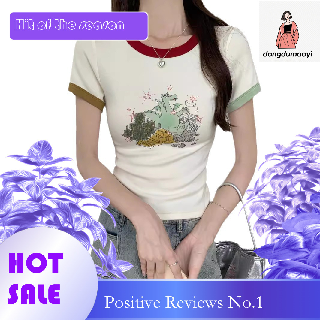 dongdumaoyi American printed shoulder sleeved T-shirt for women in summer, contrasting color round neck sweet spicy girl slim fit and slimming short t