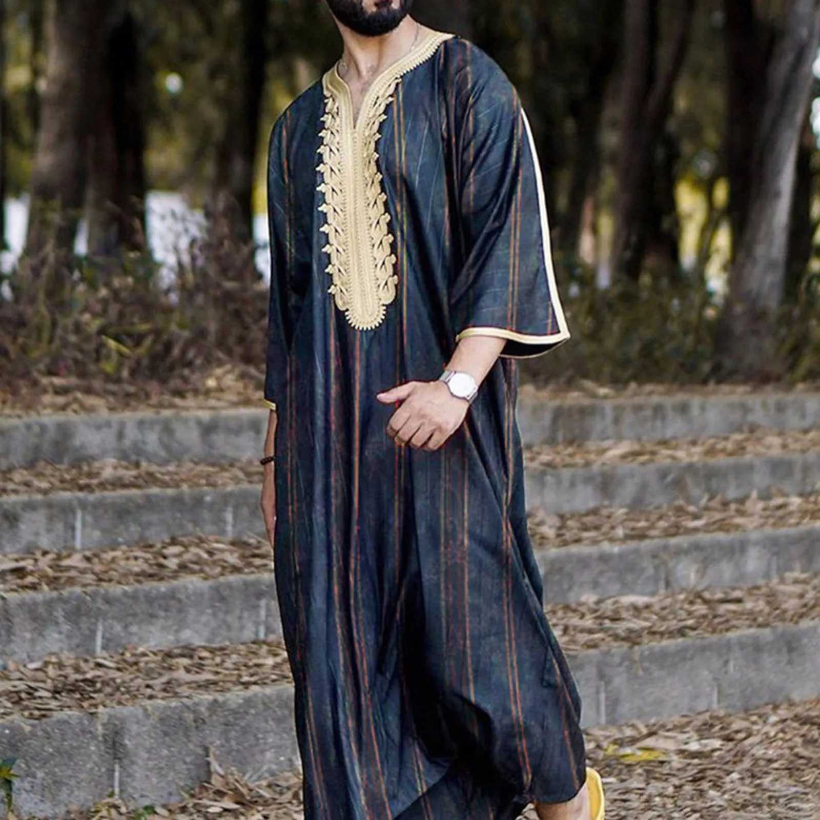 MenS Clothing Seasonal Embroidered Striped Mid-Length Sleeve Muslim Robe Striped Hand Embroidered Loose Jalaba Abaya MenS Robe X250514