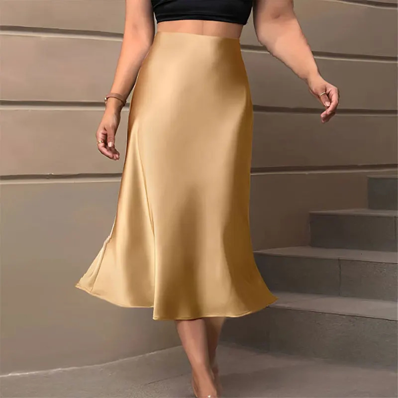 Satin Skirts for Women Korean Style Champagne Office High Waist Aline Skort Fashion Elegant Solid Long Pencil Skirt Silk Like 250514