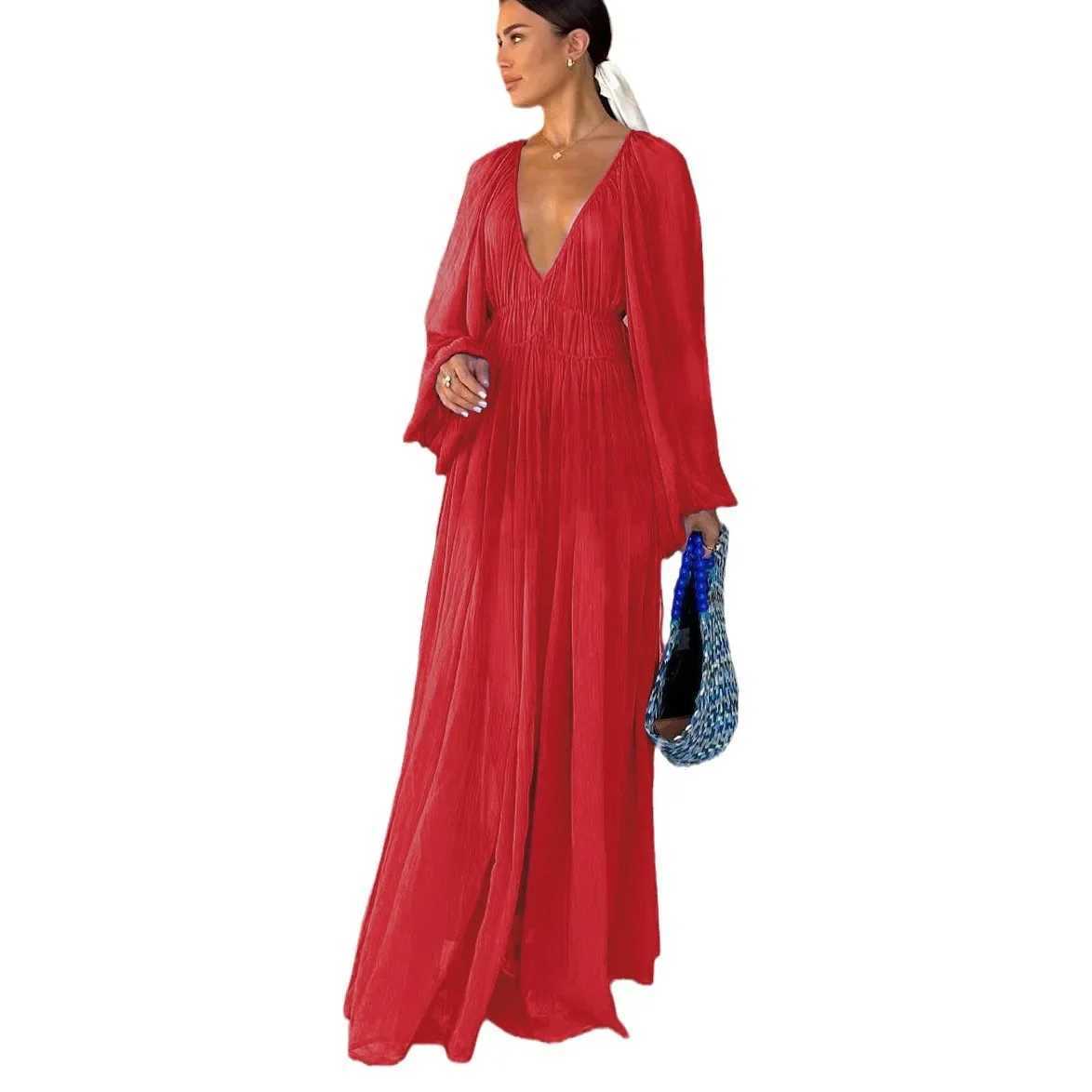 Summer Long Dress New Chiffon Dress Loose Vacation Womens Long Sleeved Dresses Boho Style FashionXJ250514