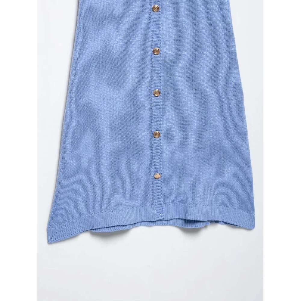 European and American style 2025 new round neck single-breasted fashionable slim knitted short-sleeved dress