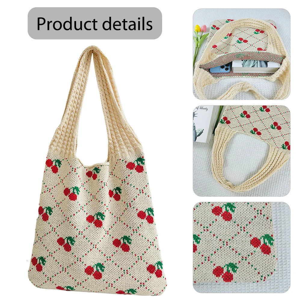 Fashion Cherry Knitting Shoulder Bag for Women Raffia Woven Boho Hand Large Travel Shopping Causal Crochet Tote Handbags 250514