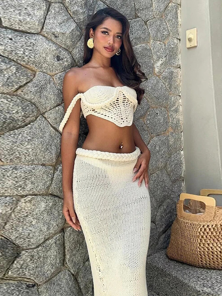 Sexy Knitted Sling Top Long Skirt Womans Set Retro Solid Hollow Out Lace Up Tube Tops High Waist Skirts Sets Lady Beach Holiday 250513
