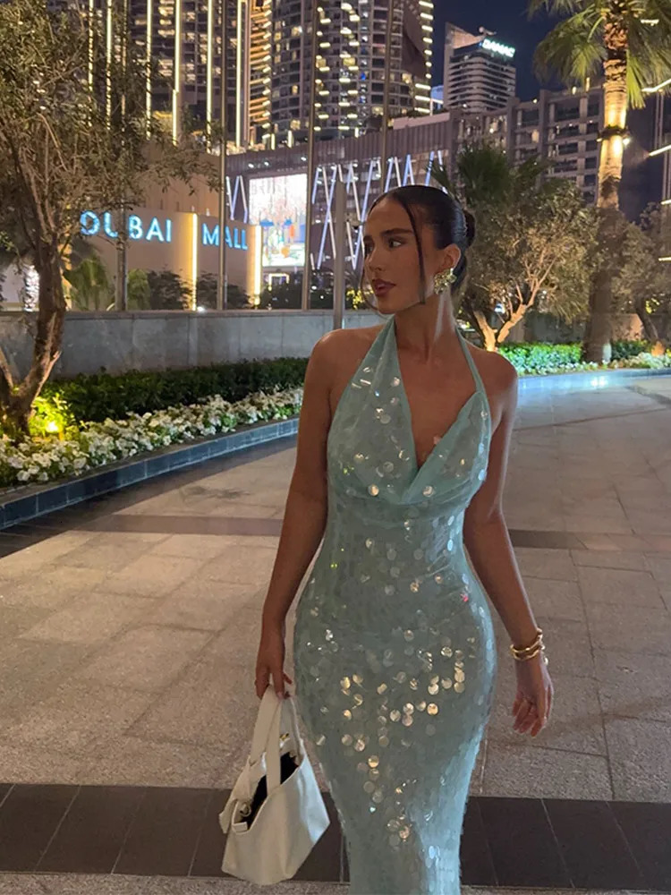 Elegant Sequin Halter Long Dress Women Sexy Bule Backless Sleeveless Slim Asymmetrical Beach Dresses Lady Chic Party Holiday 250514