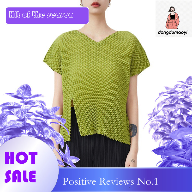 dongdumaoyi Miyake 2024 summer clothing pleated V-neck short sleeved top T-shirt for women, loose and wrinkle resistant versatile high stretch women&#