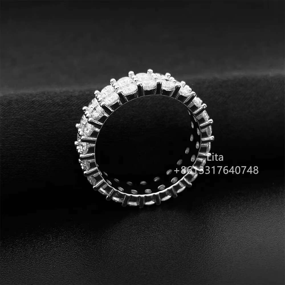 14k Gold Plated Brilliant Sparkle Moissanite Round Shape 3mm Two Rows Tennis Silver GRA Certified Moissanite Ring Men
