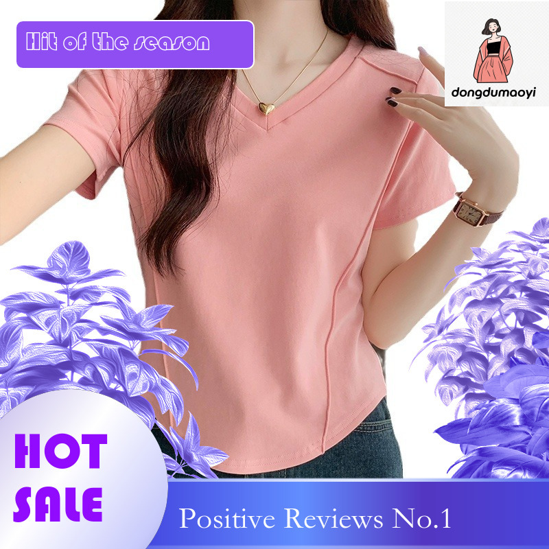 dongdumaoyi Korean version irregular hem slim fit inner V-neck sleeved T-shirt for women's summer waist cinching base shirt pure desire short top