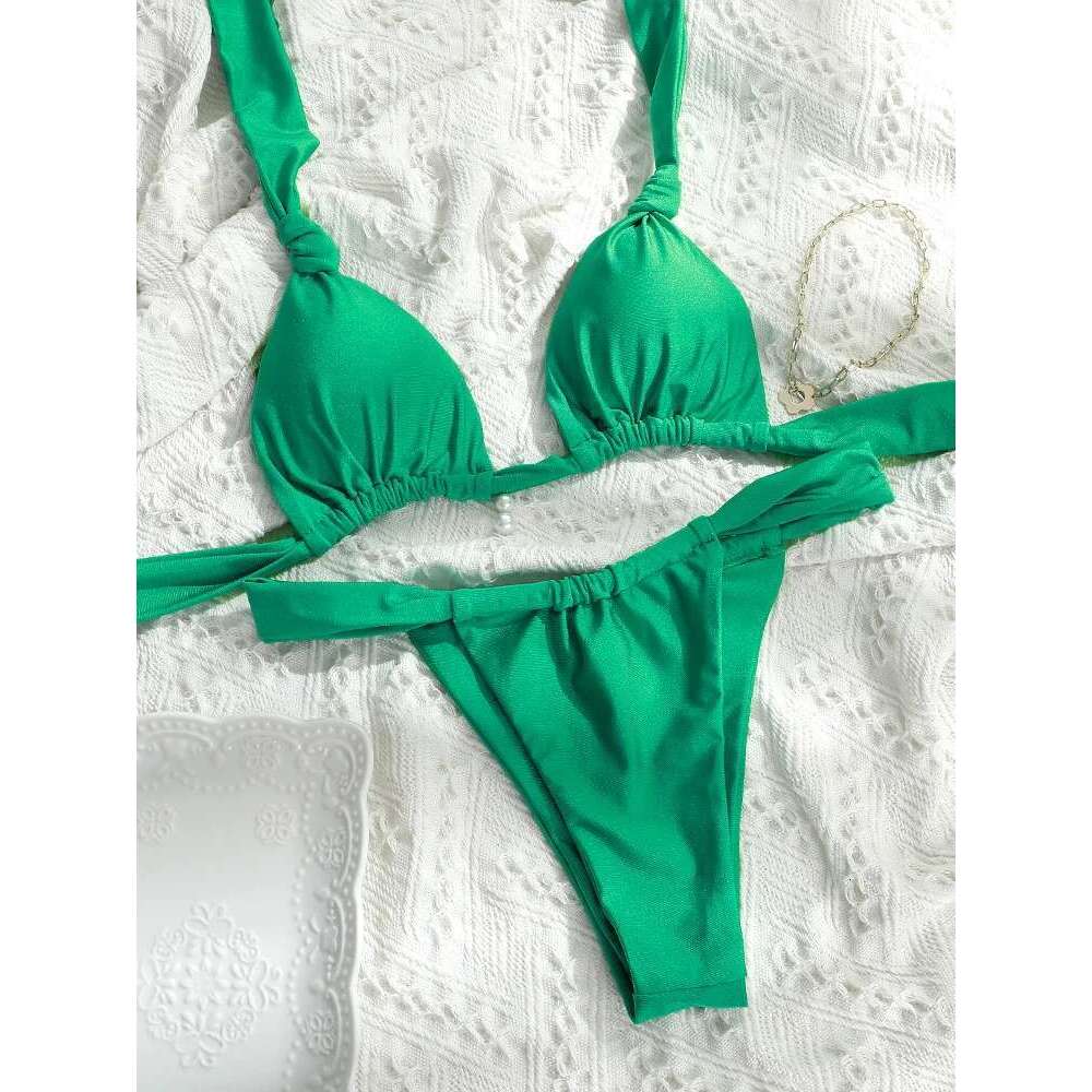 Tiedown Bikini for Women Triangle Swimwear Bathing Suit Brazilian 2-Piece Folds Bikinis Set solid Push Up Swimsuit New