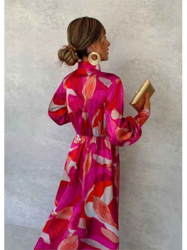 2024 Autumn New Print Dresses Women Long Sleeve V-neck Leace-up Slit Dress Fashion Temperament Elegant Lady Commuting DressesXJ250514