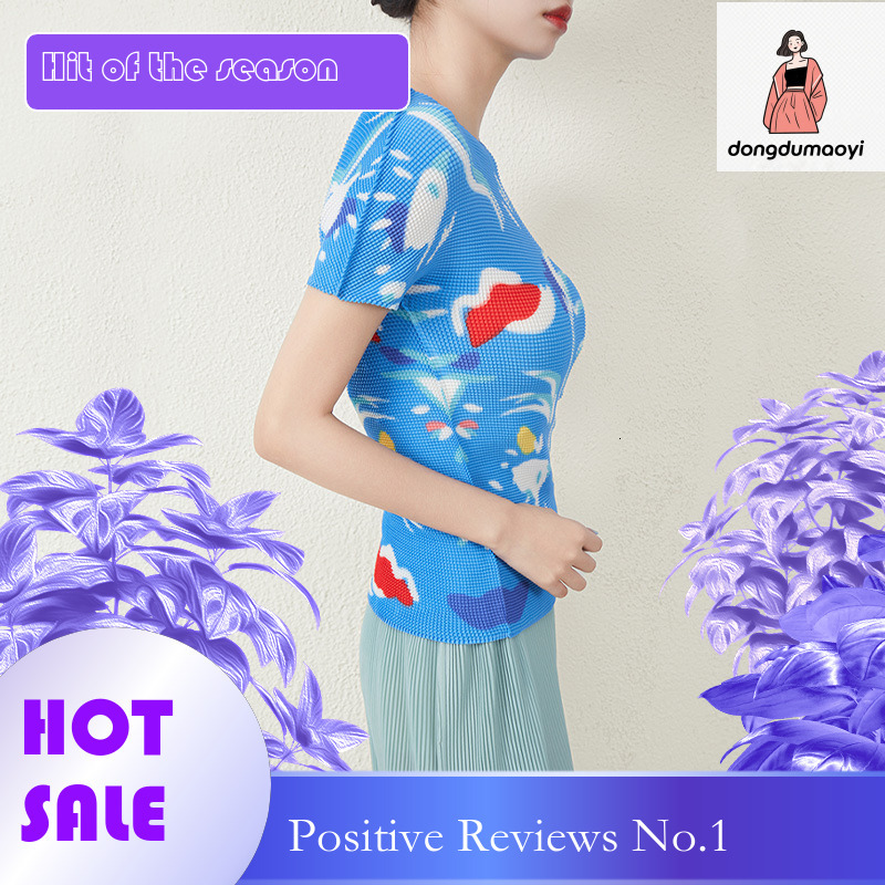 dongdumaoyi High end pleated short sleeved top with women's summer print, slim high elasticity, tight fit, plus size, garden collar, light luxury