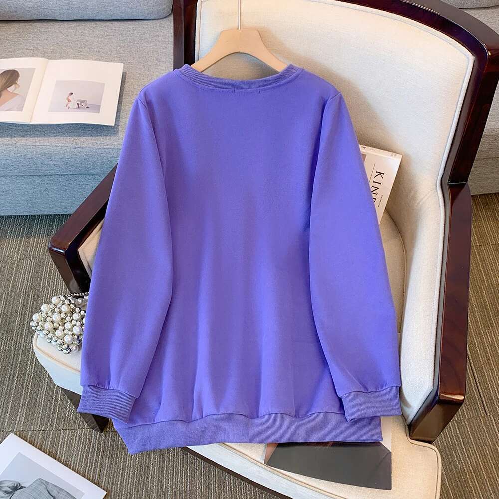 Plus-size women's Fall/Winter Casual commute loose and comfortable hoodie cartoon print purple green V-neck long sleeve top big