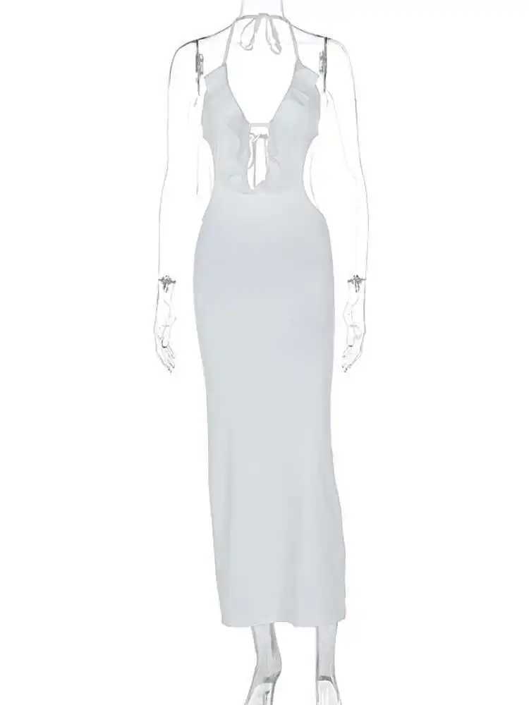 April White Halter Ruffle Backless Sexy Dress For Women Robes Elegant Evening Party Dress Bodycon Long Summer Dress VestidosXJ250514