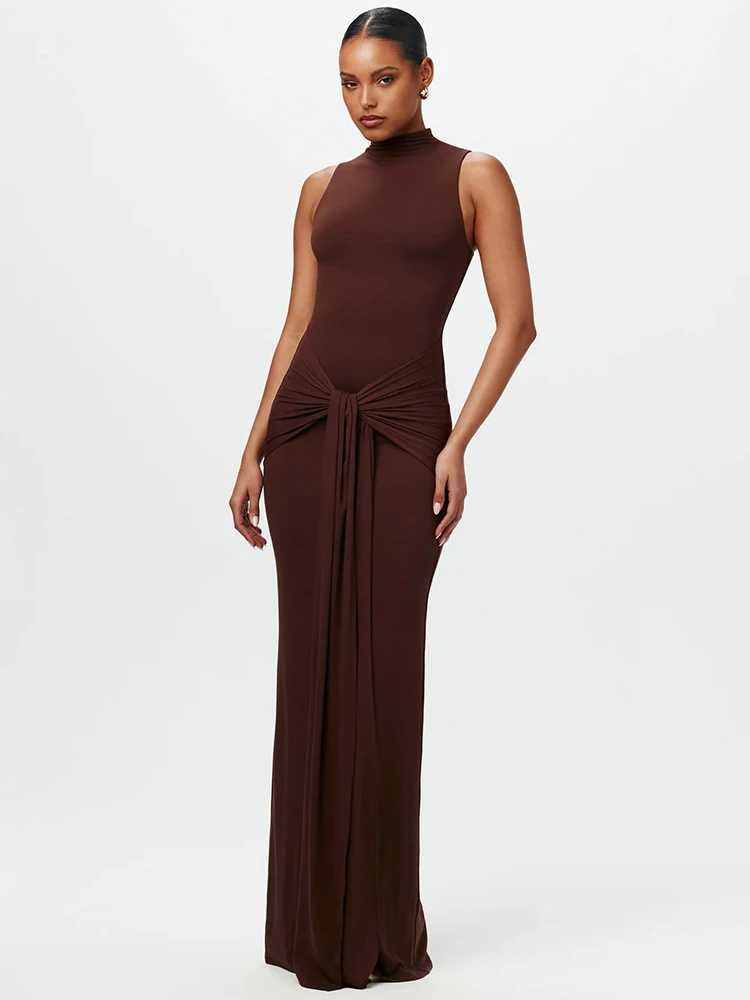 Mozision Half High Collar Irregular Tank Dress For Women 2024 New Fashion Sleeveless Bodycon Ruched Sexy Long Dress ElegantXJ250514