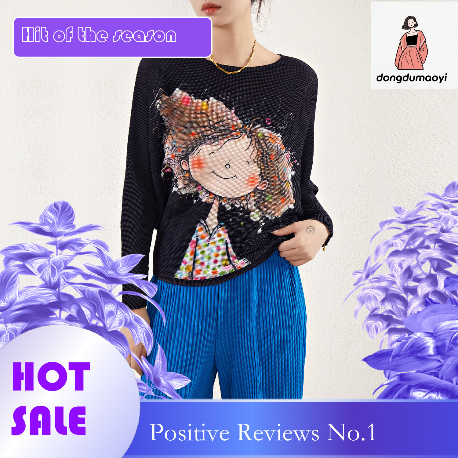 dongdumaoyi Miyake high-end printed pleated top for spring autumn, new large size, loose lazy, versatile, stylish and slimming t-shirt