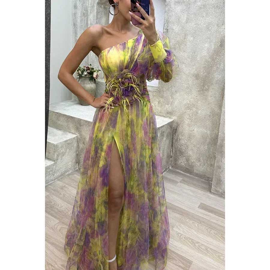 Womens New Party Mesh Sloping Shoulder Dress Casual Fashion Sexy High Waist Long Maxi Loose DressXJ250514