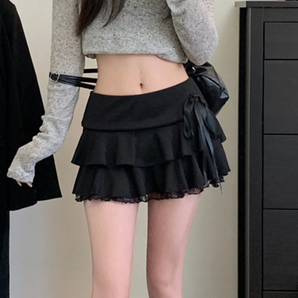 Goth Y2K Black Lace Trim Bow A Line Mini Skirt Women Korean Streetwear 250514
