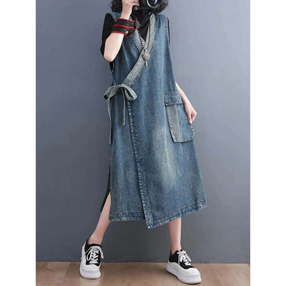 Korean Fall Long Clothes Womens Fashion Loose Belt Sleeveless Denim Dresses Ladies Classic Leisure Vintage Vestidos