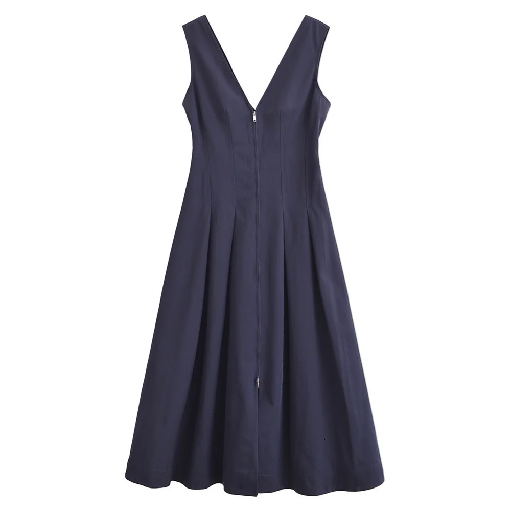UNIZERA Womens Zipper Vneck Midi Dress Solid Color Decoration SpringSummer Casual Wear 250514