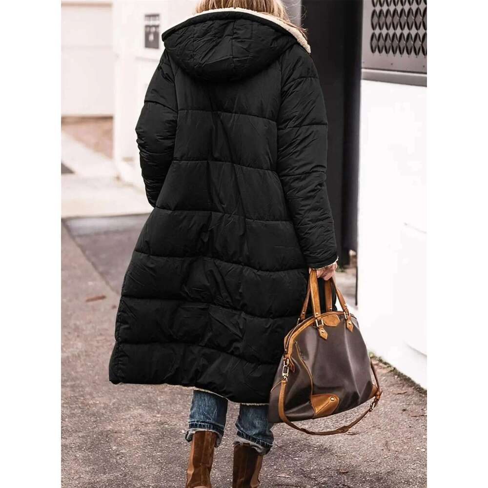 Winter Hooded Quilted Jacket For Women Solid Reversible Sleeve Thick Coat Warm Fashion Long Outerwear Casual Puffer Coats Designer
