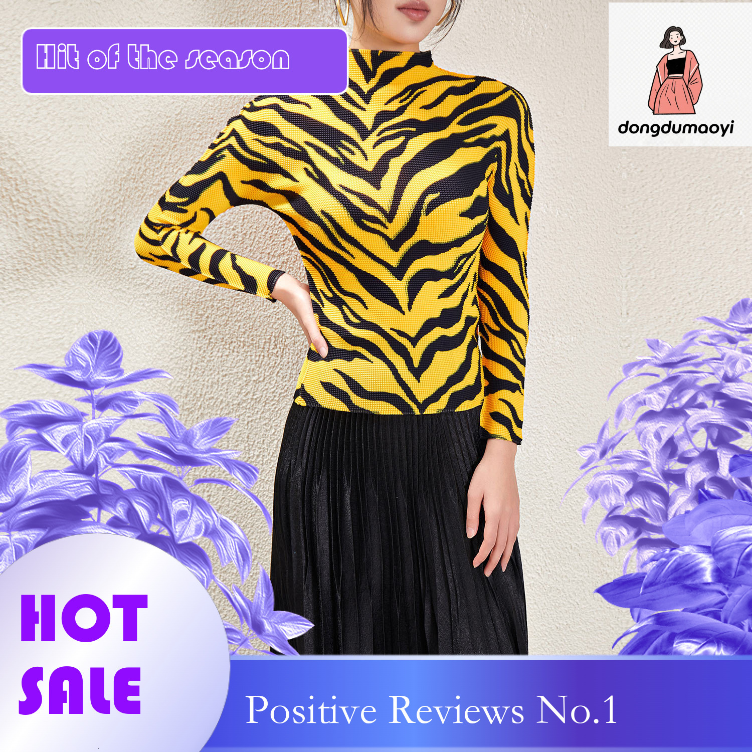 dongdumaoyi Miyake style semi high neck base shirt for women 2024 spring new T-shirt slim fit with fashionable pleated zebra print top