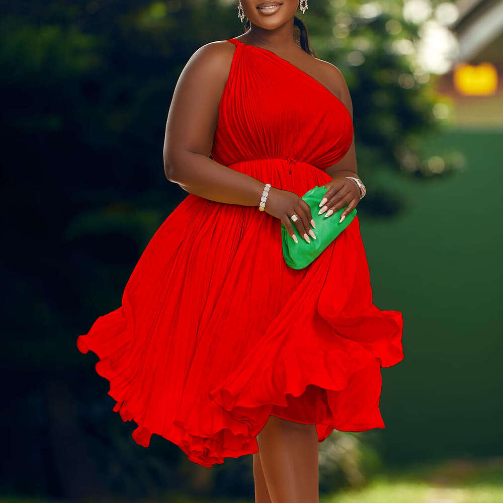 Women's Wear Women's 2023 Summer New Pressed Pleated Oblique Shoulder Large Swing Strap Solid Color Dress