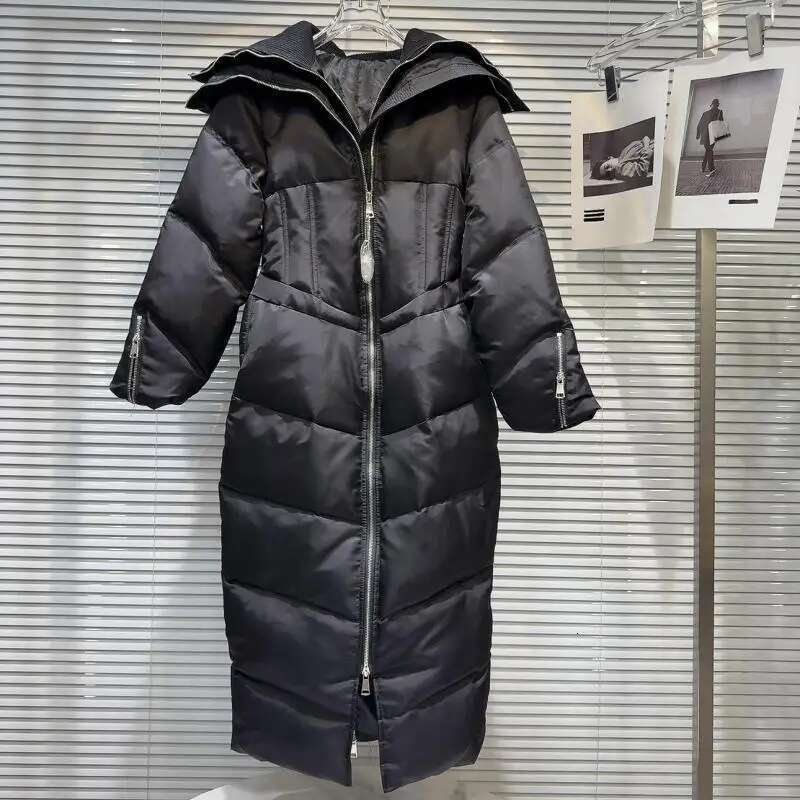 Getspring Women Coat 2024 Autumn Winter Fishbone Waist Design Full Sleeve Loose Long Warm Ladies White Duck Down Jacket New