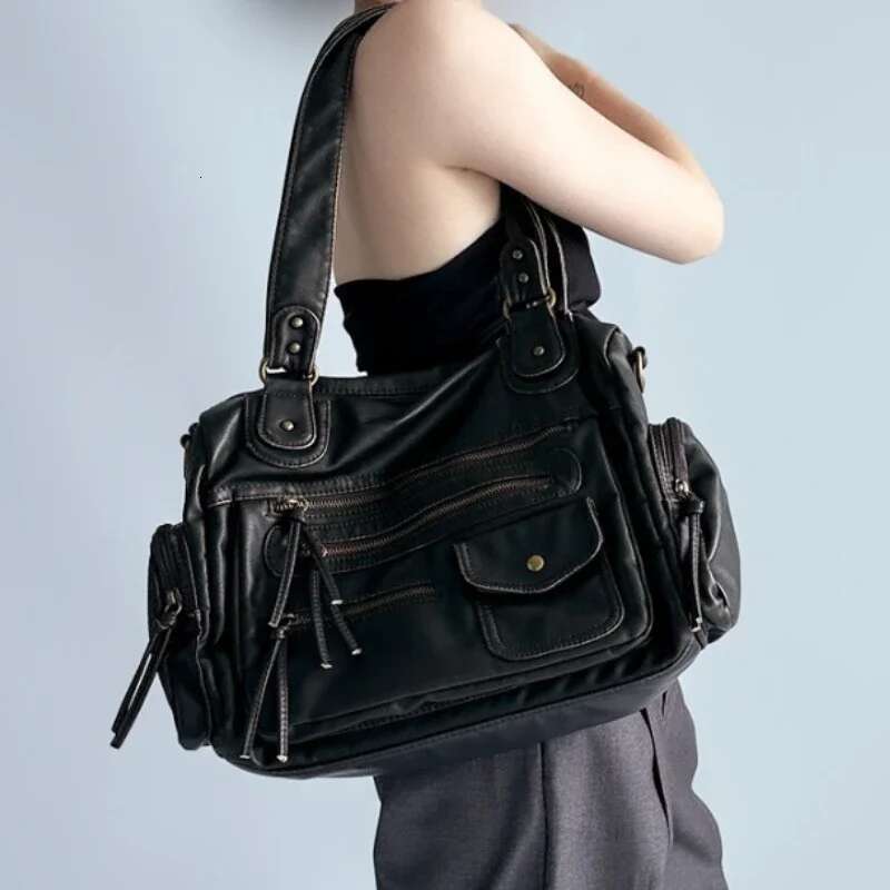 Women's fashion retro old motorcycle large capacity washed Y2K hot girl shoulder messenger bag