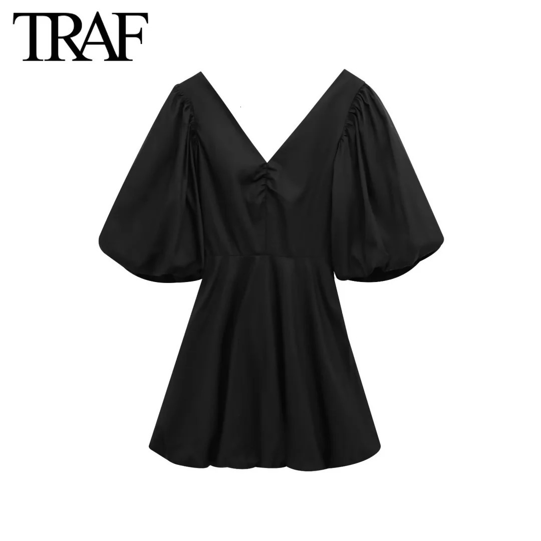 TRAF Dress for Women Fashion Summer Printing Bow Short Sleeved Vneck Mini Dresses French Chic Female Evening Clothing 250514
