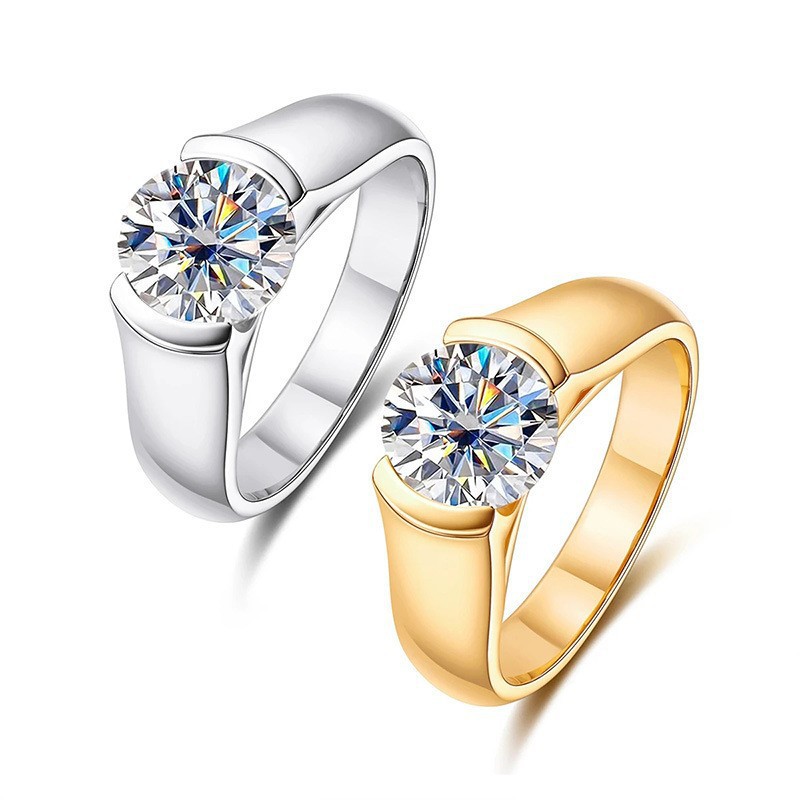 D-color VVS1 2CT Moissanite diamond ring for men and women, light luxury, pure silver plated 18K set diamond ring in stock wholesale