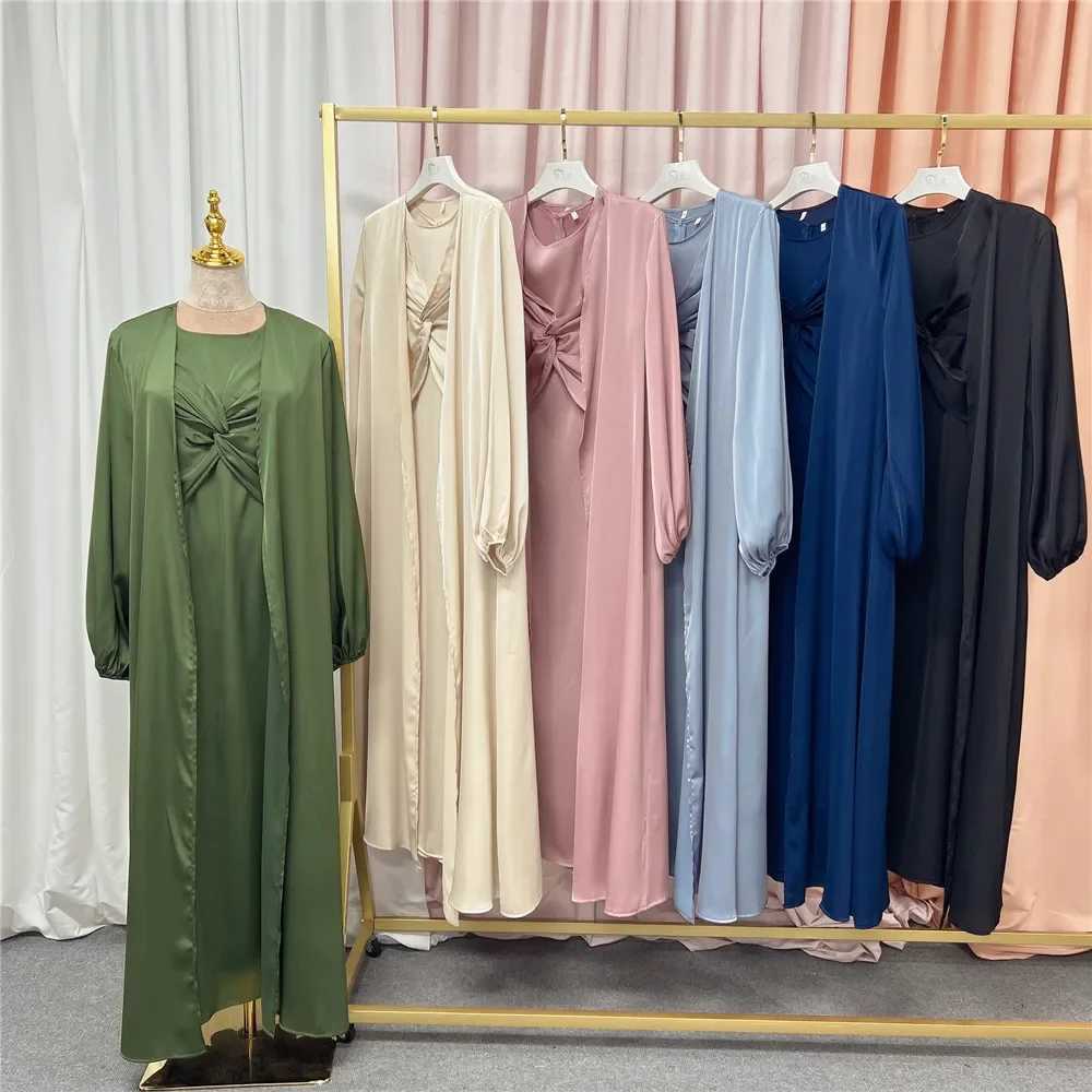 Muslim Hijab Dress Eid Satin Abayas 3 Piece Matching Sets Women Open Turkey Arab Robe Kaftan Kimono Femme Jalabiya Vestidos Gown X250514