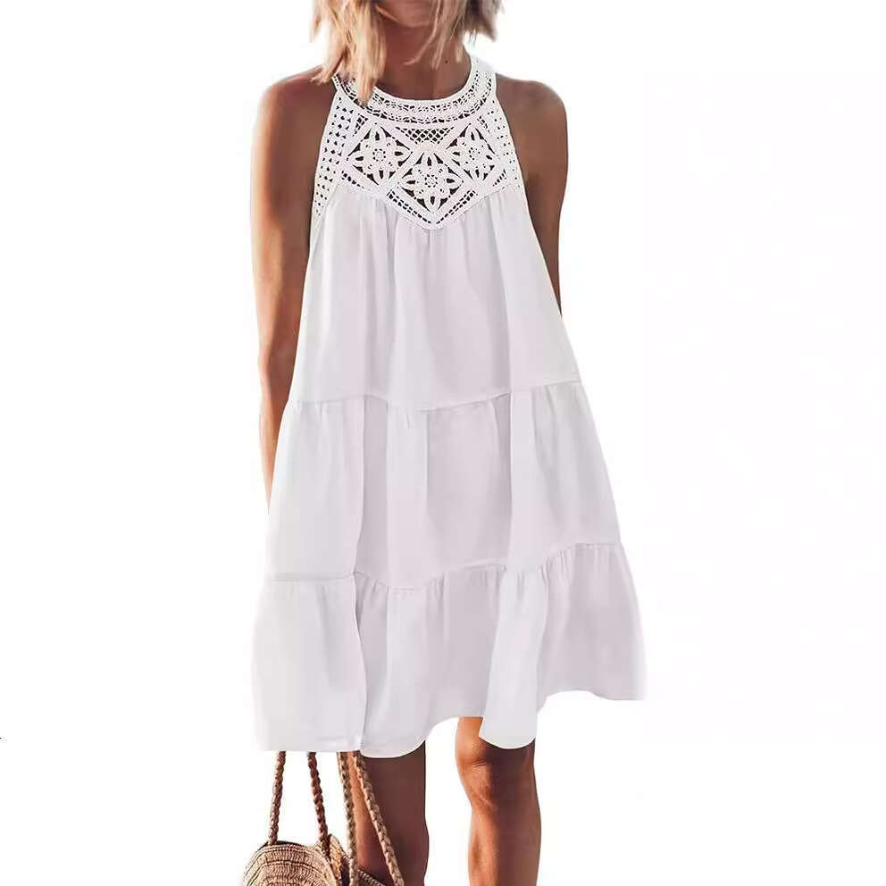 Women Clothes Dress Women S Spring And Summer Hollow Lace Splicing Hanging Neck A Line Dress KQ
