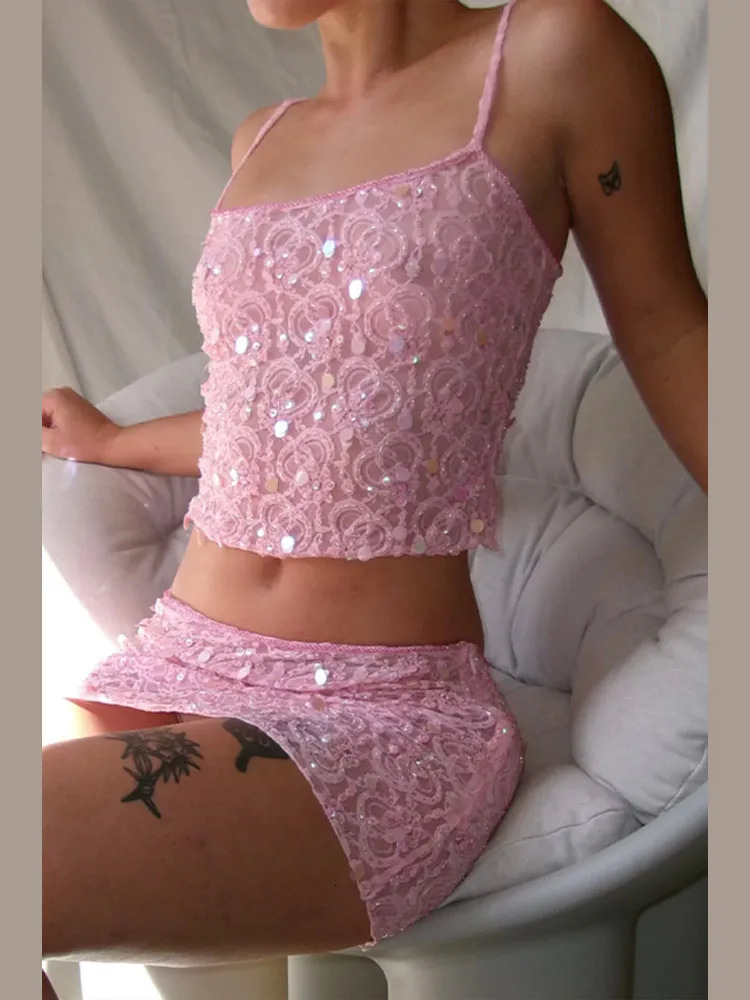Sexy Sequined Shorts Sets Women Glitter Sling Camisole Slim Crop Tops A Line Mini Skirt 2025 Summer Vacation Beach Outfits Lady 250513