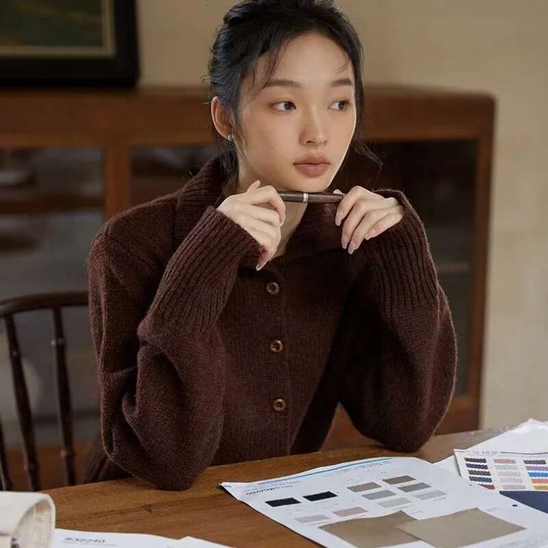 French Vintage Brown Stand Collar Sweater Cardigan Coat Women 100% Pure Wool Knitted Top Autumn Winter Fashion Women's Clothing