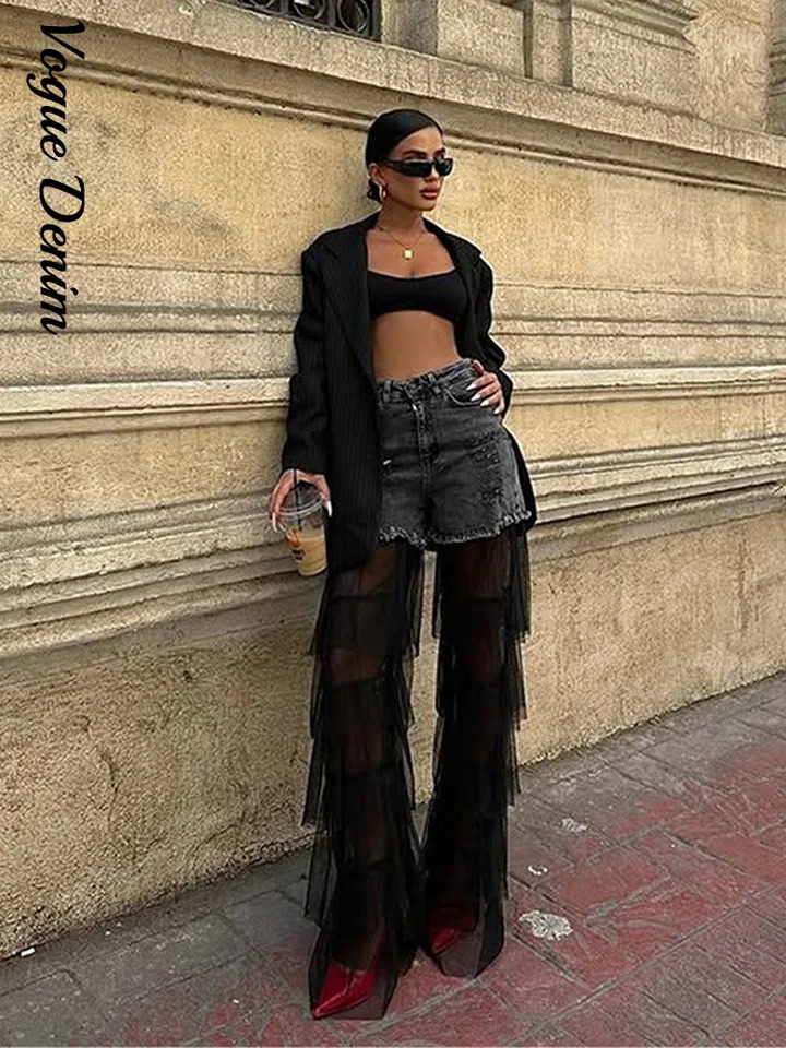 Summer Denim Patchwork Layer Tulle Woman Pants Wash Low Waist Pockets Cake Gauze Jeans 2025 High Street Female Trousers 250513