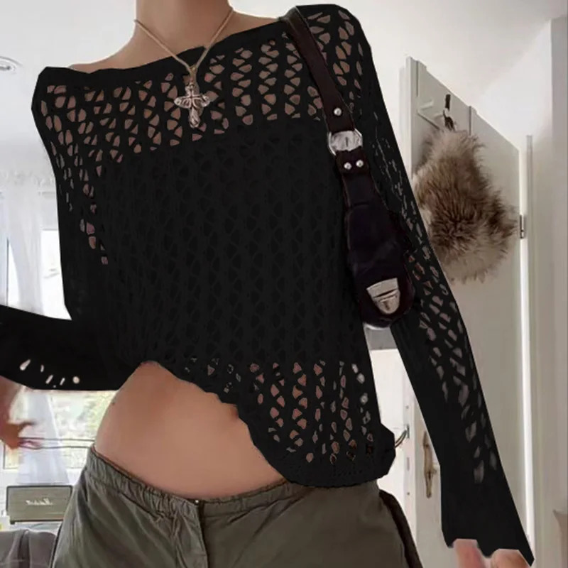 Summer Women Solid Color Hollow Out Crochet Top Cover Up Female Long Sleve Round Neck Loose Knitted Casual Vacation Beach Wear 250514