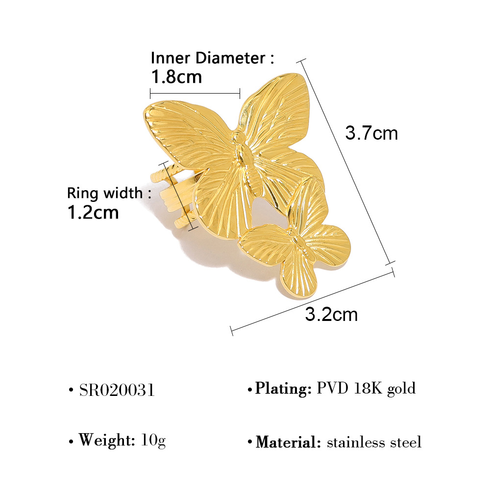 Exaggerated Butterfly Design Ring - Unique Double-layer Textured Stainless Steel Ring with PVD 18K Gold Plating for Women