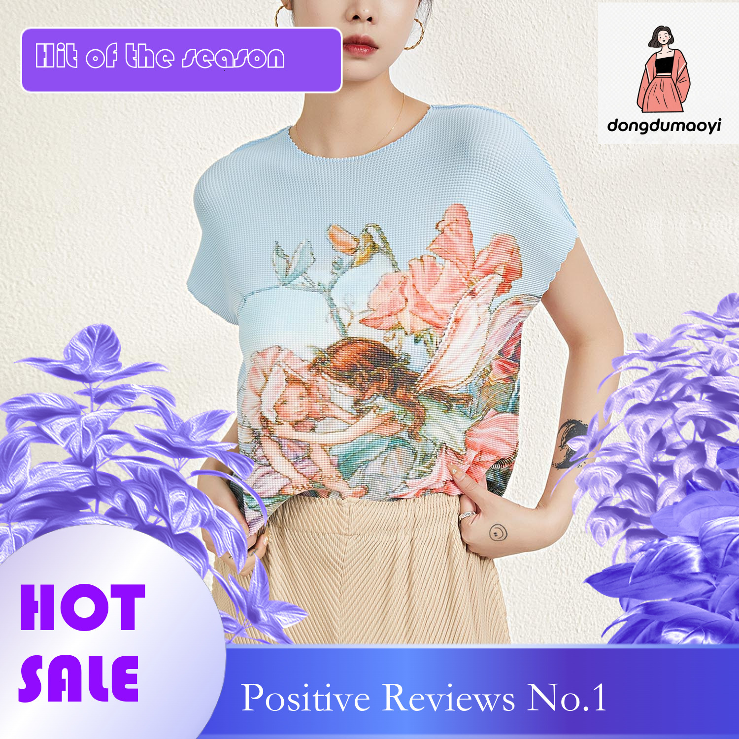dongdumaoyi Miyake summer new loose plus size slimming T-shirt printed base shirt versatile pleated short sleeved round neck top for women