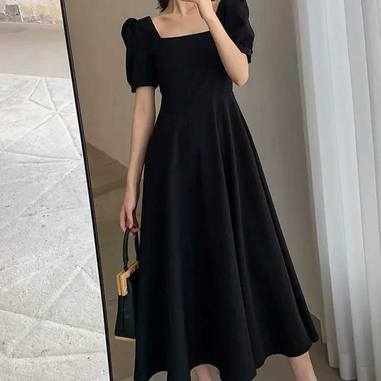 2023 New Summer Dress Womens Vintage Square Collar Tea Time Skirt Plus Size Over Knee Long Style Hepburn Trendy Black DressXJ250514