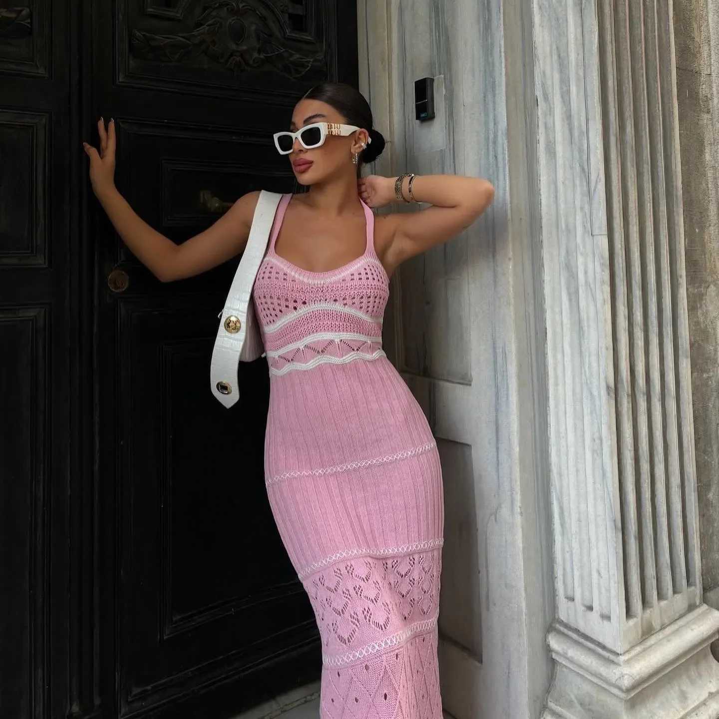 Summer Knit Bohemian Halter Dress Hollow Striped Out Pure Slim-fit Buttock Wrap Maxi Summer Sexy Vneck Dress O-Neck DressesXJ250514