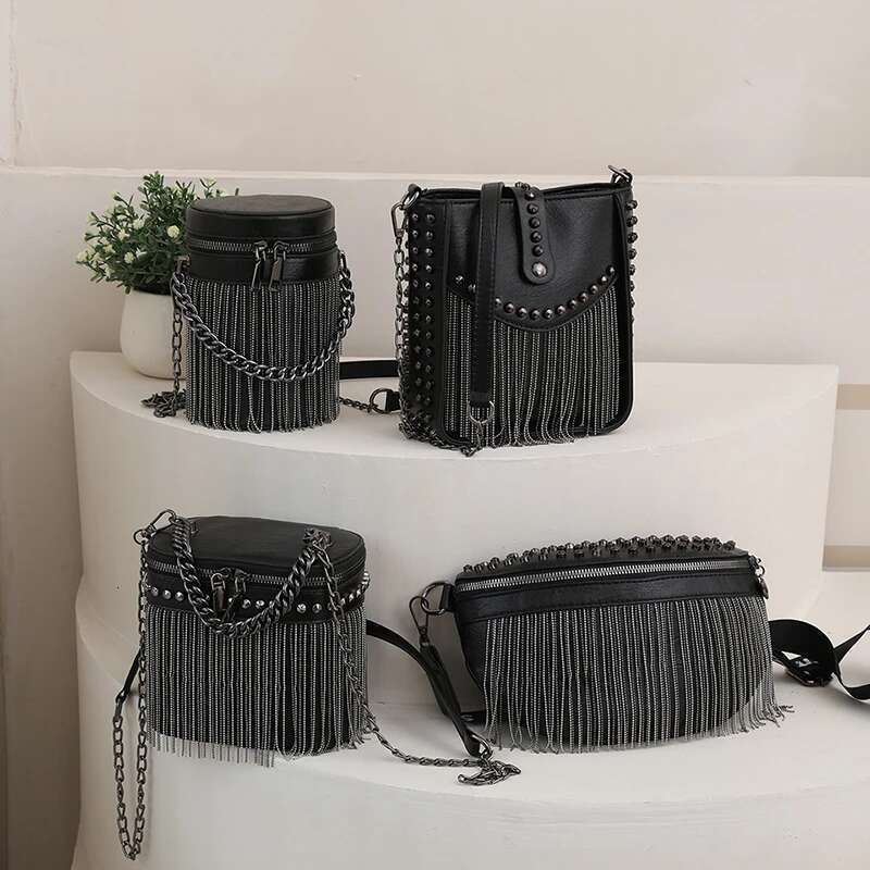 Designer Cylinder Bag Ladies Fashion Rivet Shoulder Bags Fringed Small Mobile Phone Crossbody Purse Summer Chain Borse