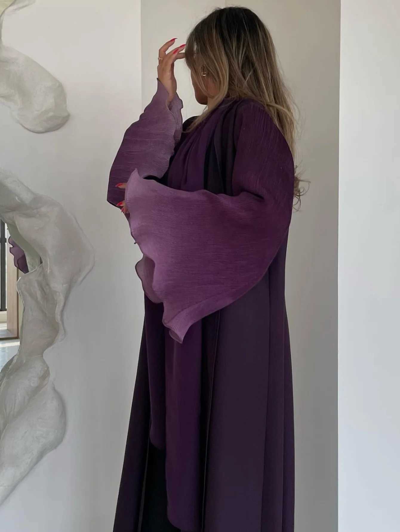 Middle-East Abaya Muslim Flare Slve Casual Arabian Pleated Open Front Abayas Turkey Kaftans Women Jilbabs Islamic Maxi Dresses X250514