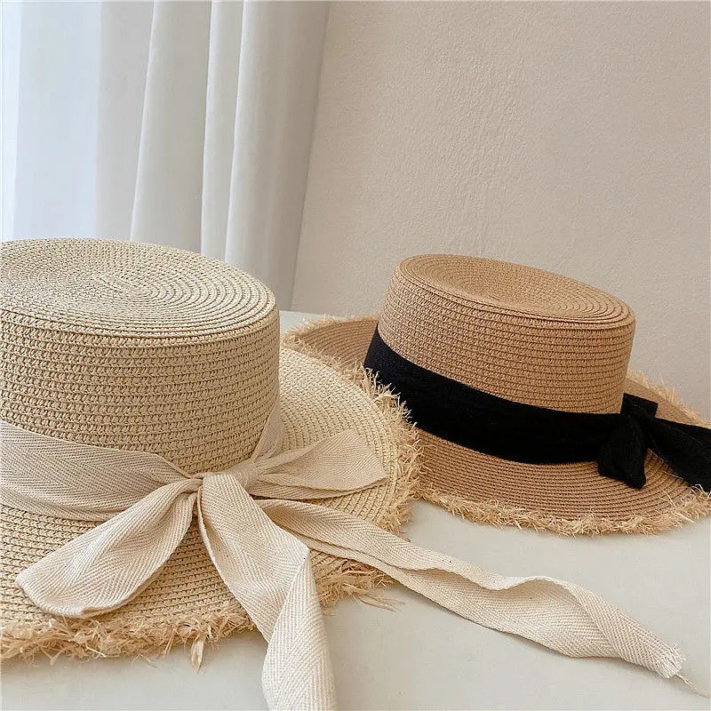 Beach HatJapanese Everything Hairy Edge Straw Hat Female Summer Flat Top Outing Sun Hat Small Fresh Bow Sun Shade Beach Hat 250514