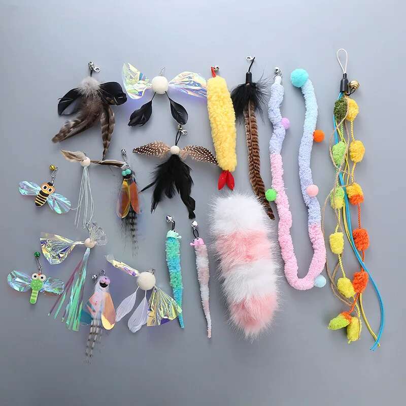 Funny Cat Stick Replacement Head Plush Feather Bird with Bell Toys Interactive Magic Wand DIY Feathers Pet Supplies