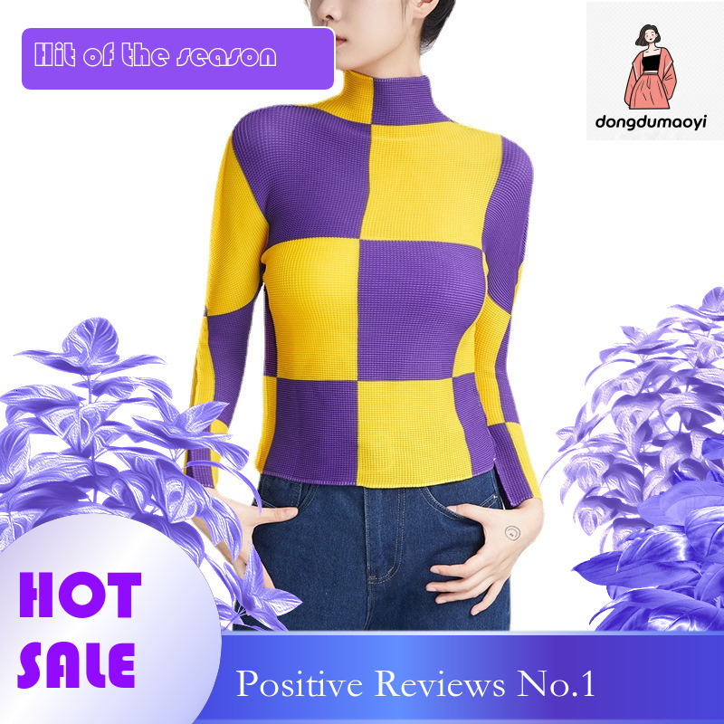dongdumaoyi Long sleeved base shirt for women's spring and autumn 2024 new slim fit printed checkered pleated half high neck top